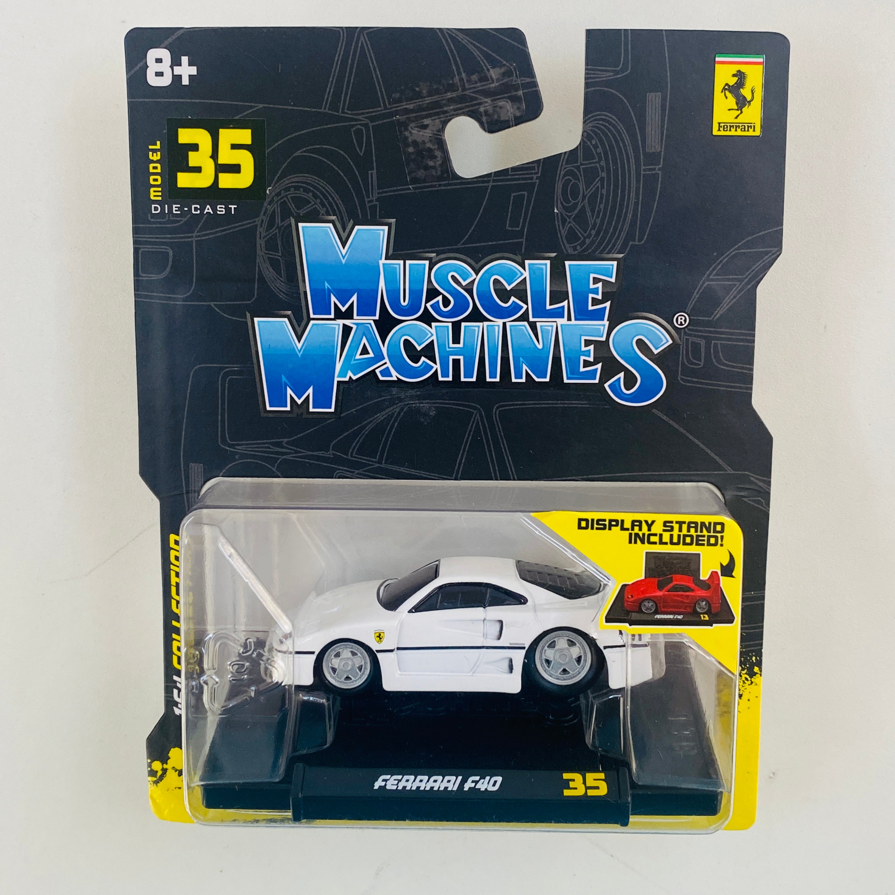 2023 Maisto Muscle Machines Ferrari F40 blanco con Base de Exhibición