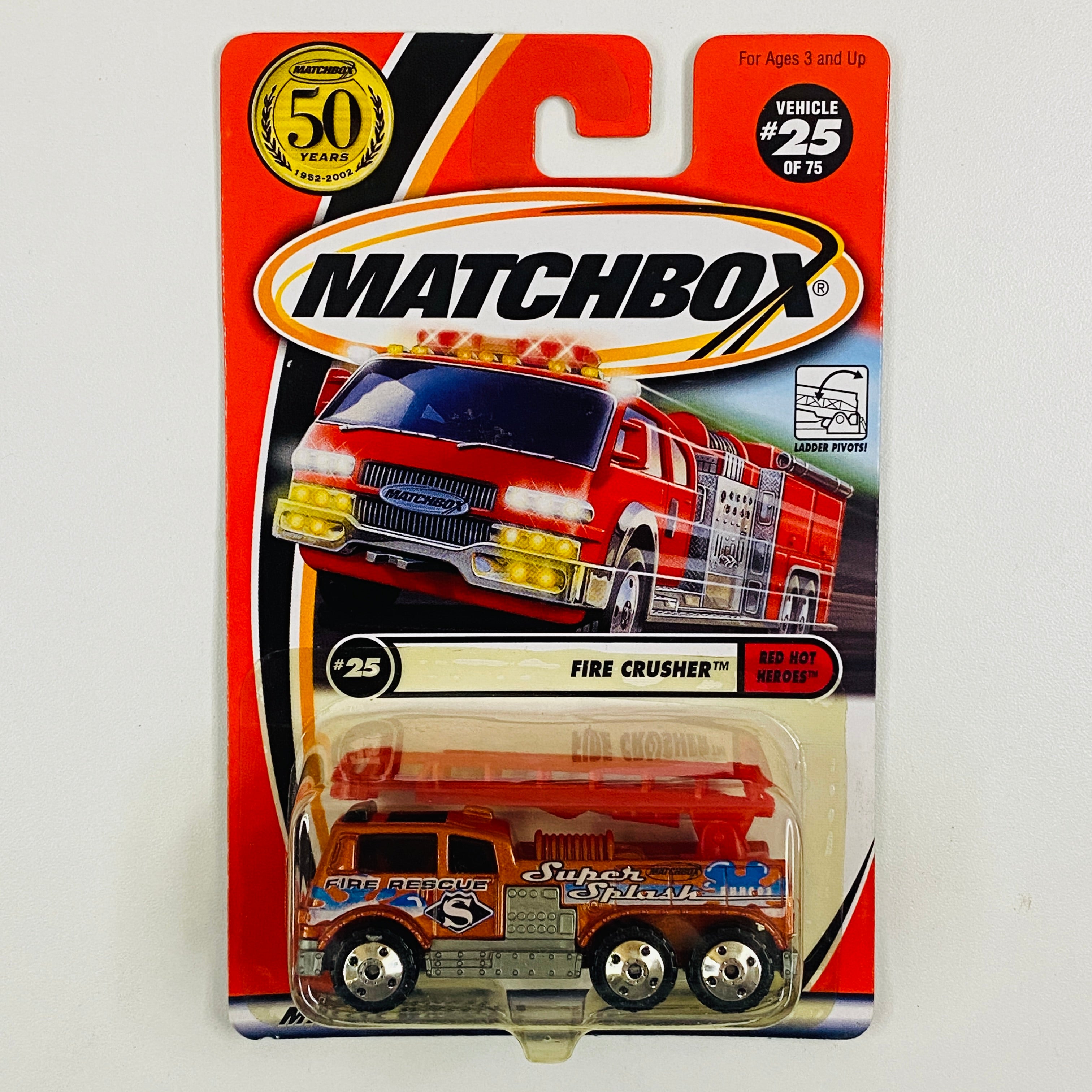 2002 Matchbox 50th Anniversary Red Hot Heroes Fire Crusher naranja met