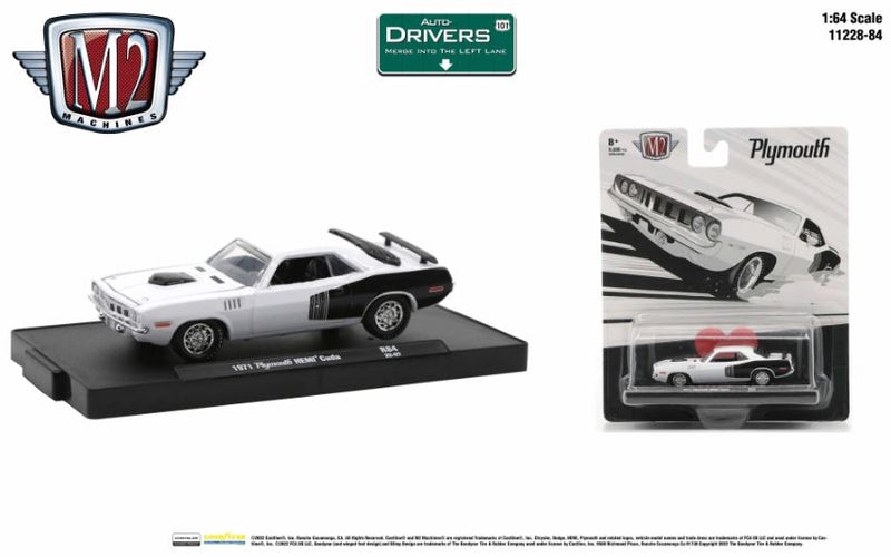 2022 M2 Machines Auto-Drivers Limited Edition 1/9,600 1971 Plymouth HEMI Cuda R84 blanco Llantas de Goma