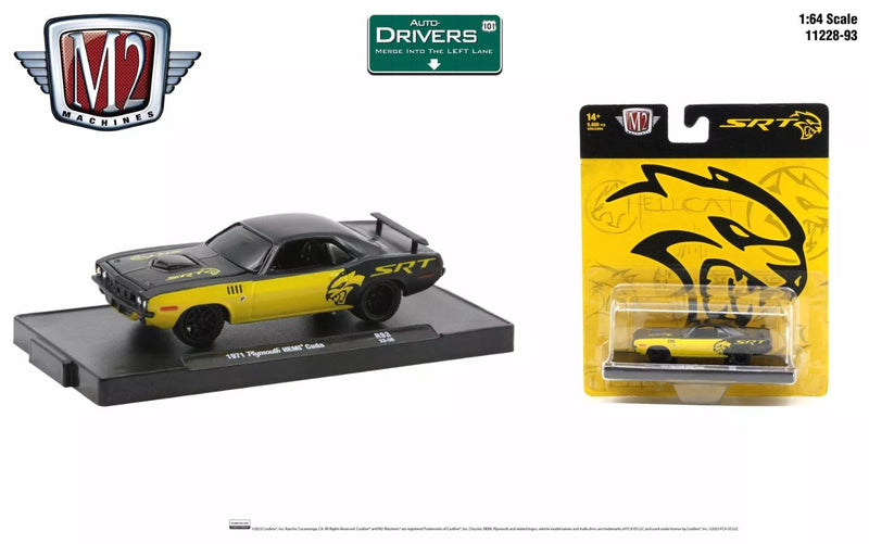 2023 M2 Machines Auto-Drivers Limited Edition 1/9,600 SRT Hellcat 1971 Plymouth HEMI Cuda R93 negro con amarillo Llantas de Goma