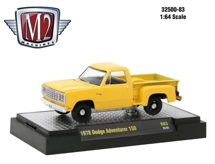 2023 M2 Machines Pikcup Trucks 78 Limited Edition 1/8,250 1978 Dodge Adventurer 150 R83 amarillo Llantas de Goma - Detalle Empaque