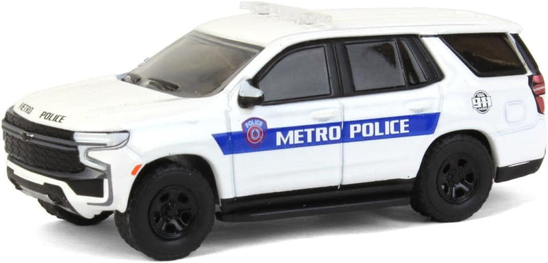 2022 Greenlight Hot Pursuit Houston Metro Police 2021 Chevrolet Tahoe Police Pursuit Vehicle blanco policial Llantas de Goma