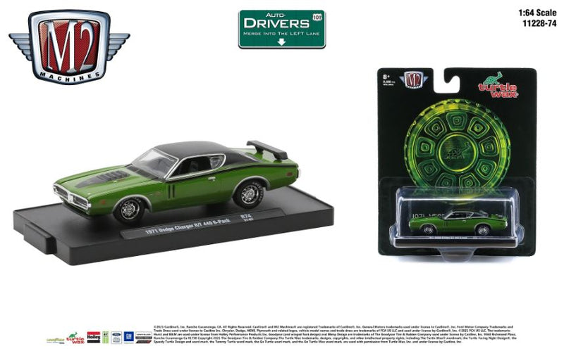 2021 M2 Machines Auto-Drivers Limited Edition 1/8,480 Turtle Wax 1971 Dodge Charger R/T 440 6 Pack R74 verde Llantas de Goma