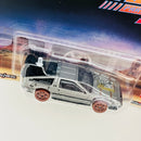 2025 Hot Wheels Premium Pop Culture Back To The Future Time Machine 1955 DeLorean DMC-12 Volver Al Futuro plata metálico Llantas de Ferrocarril