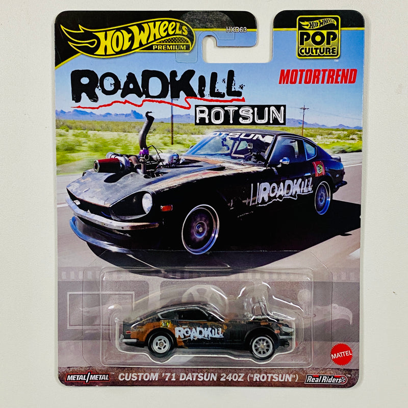 2024 Hot Wheels Premium Pop Culture Roadkill Custom 71 Datsun Rotsun negro Llantas de Goma RR