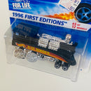 1996 Hot Wheels First Editions Rail Rodder negro con Motor Cromado 5SP con MGW base ZAMAC de Malasia Tarjeta Coolest to Collect Primera Edición