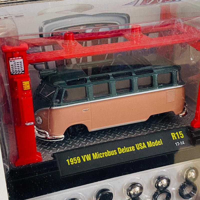 2017 M2 Machines Model Kit Limited Edition 1/5,880 Volkswagen 1959 VW Microbus Deluxe USA Model R15 naranja con verde Llantas de Goma