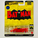 2024 Hot Wheels Premium Pop Culture DC Batman First Batmobile rojo Llantas de Goma RR base ZAMAC
