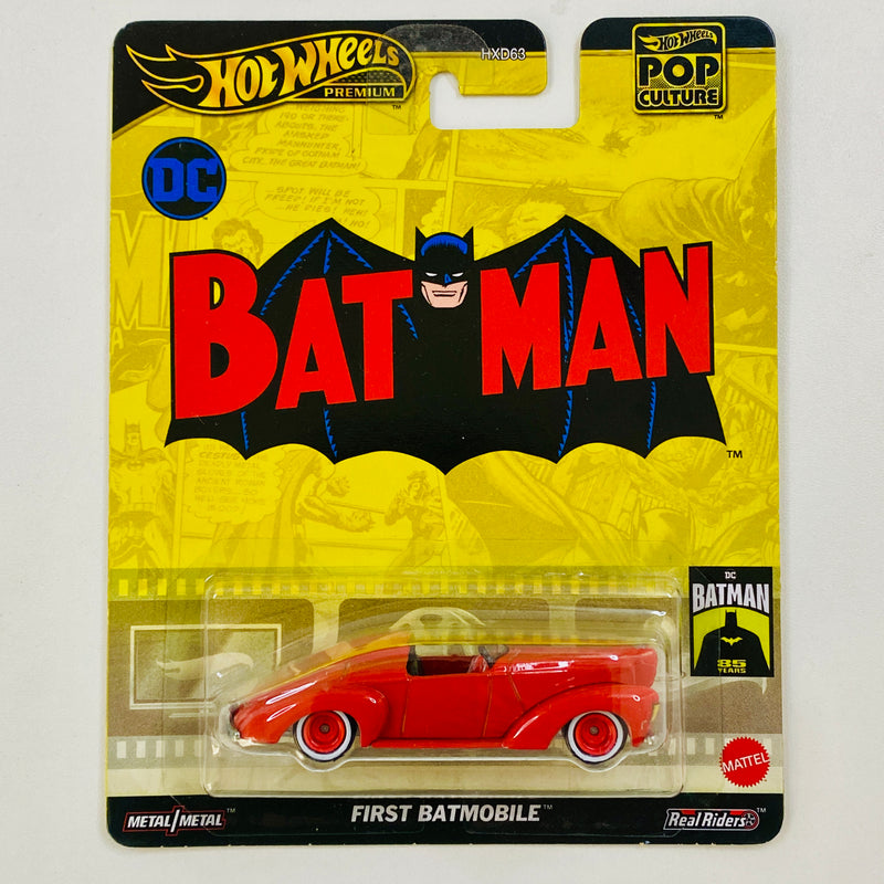 2024 Hot Wheels Premium Pop Culture DC Batman First Batmobile rojo Llantas de Goma RR base ZAMAC