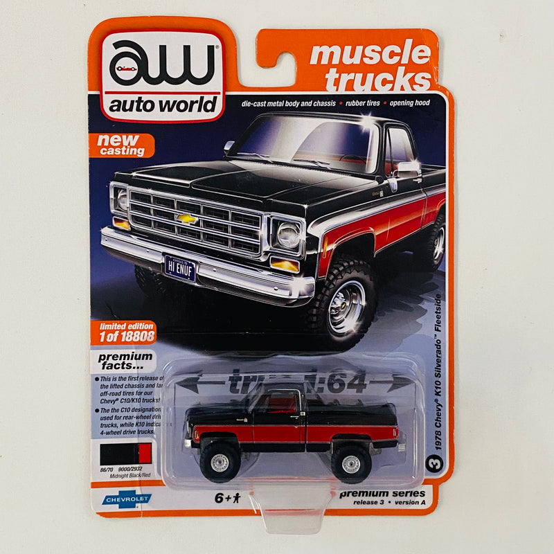 2020 Auto World Muscle Trucks Limited Edition 1/18,808 1978 Chevy K10 Silverado Fleetside negro con rojo Llantas de Goma Primera Edición