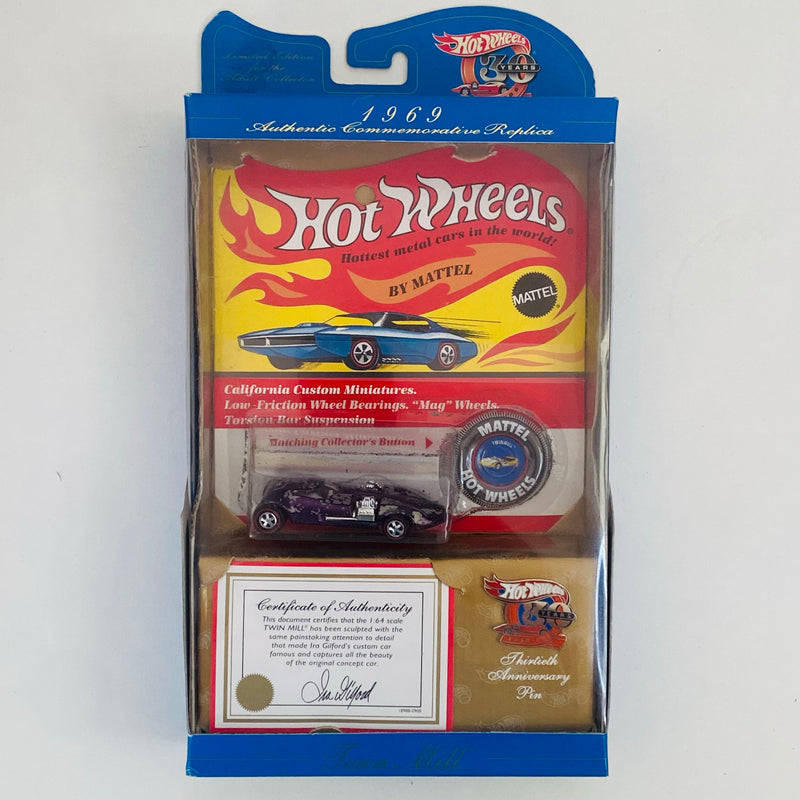 1998 Hot Wheels Conmemorativo 30 Aniversario 1969 Twin Mill morado spectraflame Redline RL + Pin/Broche metálico y Certificado de Autenticidad Firmado
