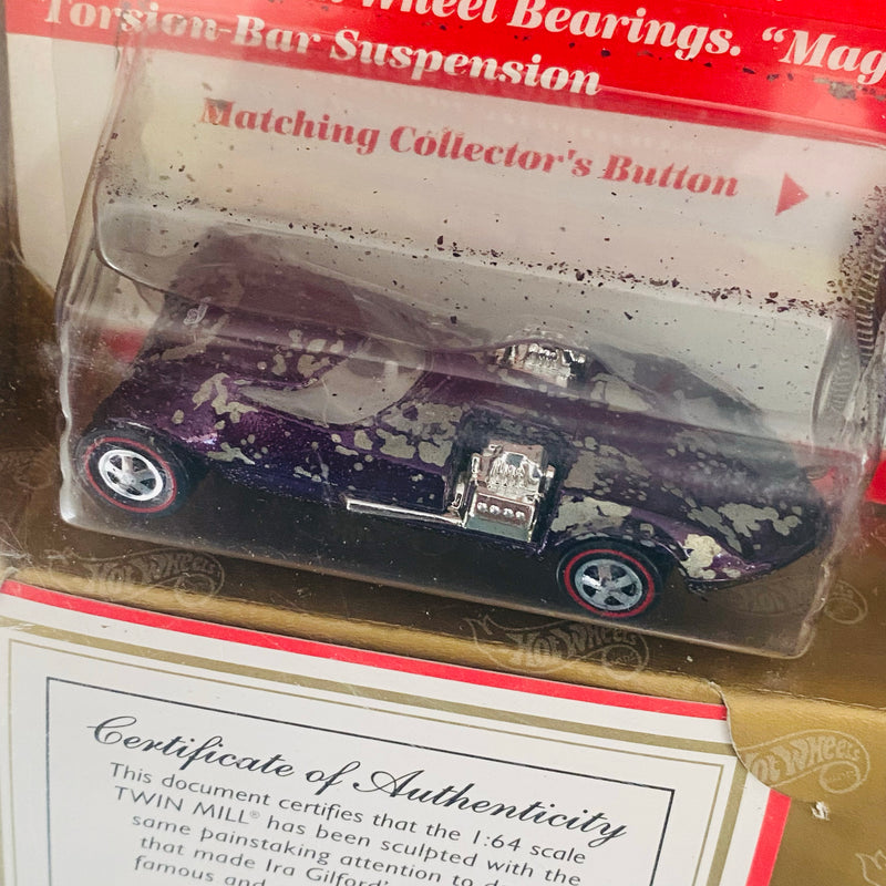 1998 Hot Wheels Conmemorativo 30 Aniversario 1969 Twin Mill morado spectraflame Redline RL + Pin/Broche metálico y Certificado de Autenticidad Firmado