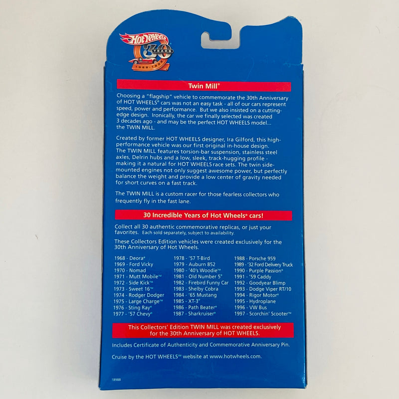 1998 Hot Wheels Conmemorativo 30 Aniversario 1969 Twin Mill morado spectraflame Redline RL + Pin/Broche metálico y Certificado de Autenticidad Firmado