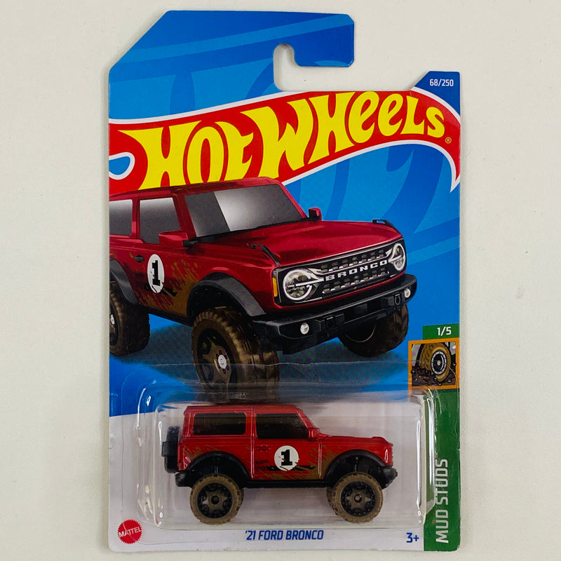 2022 Hot Wheels Mud Studs 21 Ford Bronco rojo metálico BLOR Tarjeta Internacional