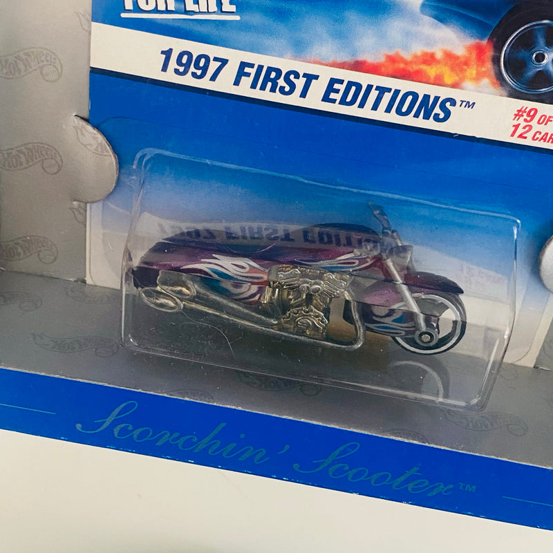 1998 Hot Wheels Conmemorativo 30 Aniversario 1997 First Editions Scorchin' Scooter morado metálico MC3 base ZAMAC