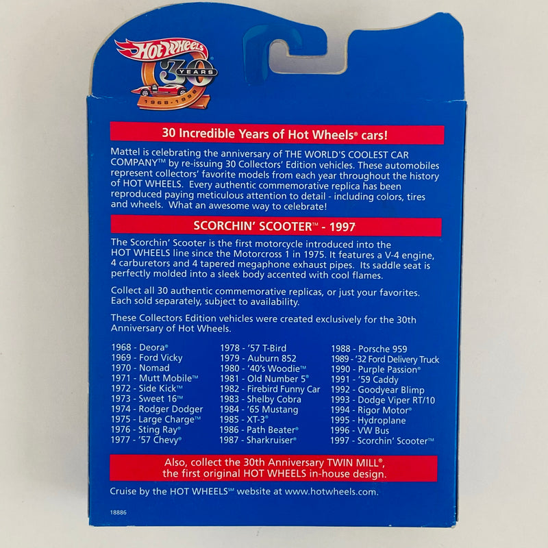 1998 Hot Wheels Conmemorativo 30 Aniversario 1997 First Editions Scorchin' Scooter morado metálico MC3 base ZAMAC