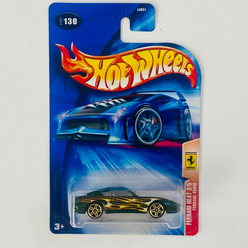 2004 Hot Wheels Ferrari Heat Ferrari 456M 130 verde con flamas PR5 base ZAMAC