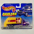 1999 Hot Wheels Haulers Bulldog Sanitation Camión Recolector de Basura morado con amarillo 7SP