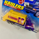 1999 Hot Wheels Haulers Bulldog Sanitation Camión Recolector de Basura morado con amarillo 7SP
