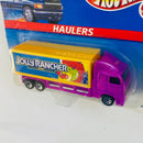 1997 Hot Wheels Haulers Jolly Rancher Camión Hauler fucsia con amarillo 7SP