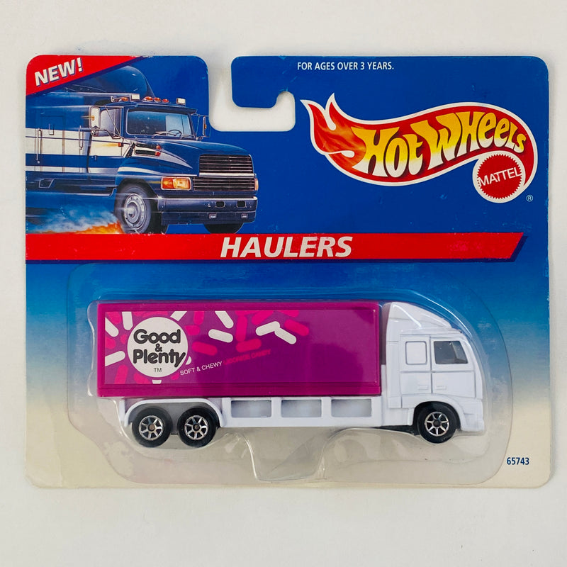 1997 Hot Wheels Haulers Good & Plenty Camión Trailer blanco con fucsia 7SP