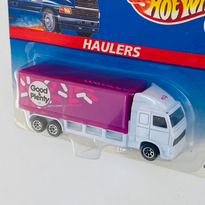 1997 Hot Wheels Haulers Good & Plenty Camión Trailer blanco con fucsia 7SP