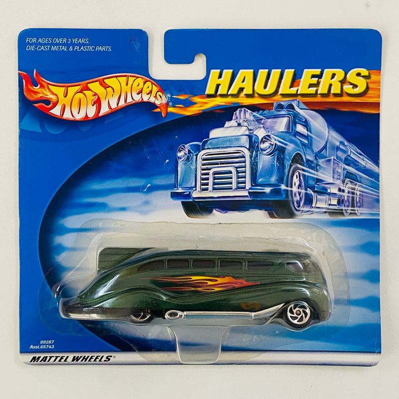 2000 Hot Wheels Haulers Art Deco Bus verde con flamas SB