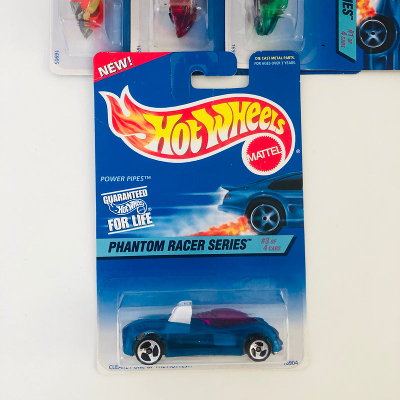 1997 Hot Wheels Phantom Racer Series Colección Set de 4 - Power Rocket, Power Pistons, Power Pipes, Road Rocket