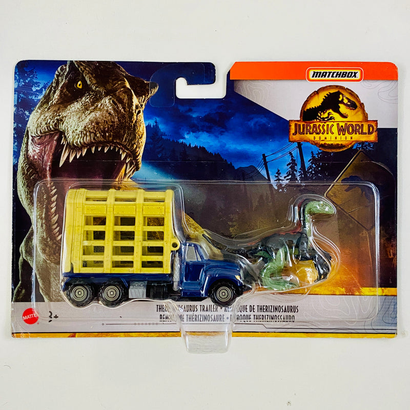 2022 Matchbox Jurassic World Dominion Dino Transporters Therizinosaurus Trailer azul con Figura de Dinosaurio