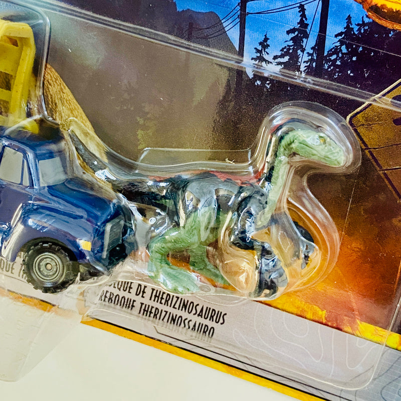 2022 Matchbox Jurassic World Dominion Dino Transporters Therizinosaurus Trailer azul con Figura de Dinosaurio