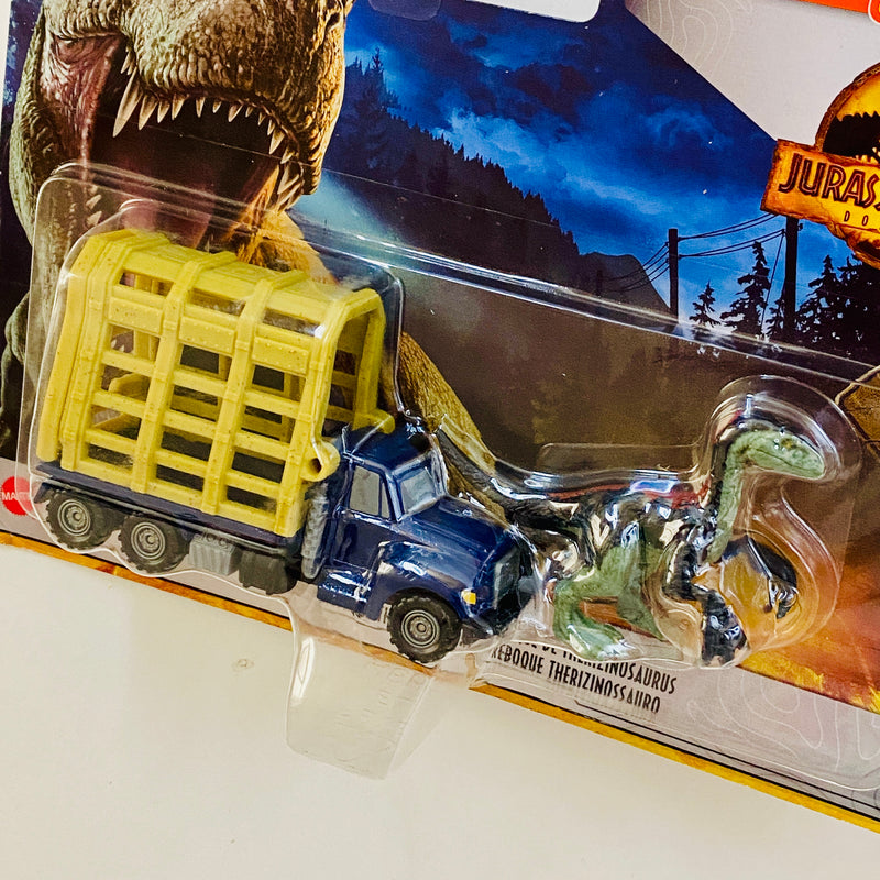 2022 Matchbox Jurassic World Dominion Dino Transporters Therizinosaurus Trailer azul con Figura de Dinosaurio