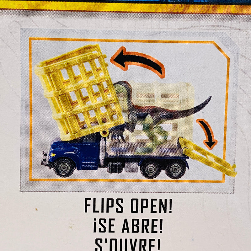 2022 Matchbox Jurassic World Dominion Dino Transporters Therizinosaurus Trailer azul con Figura de Dinosaurio