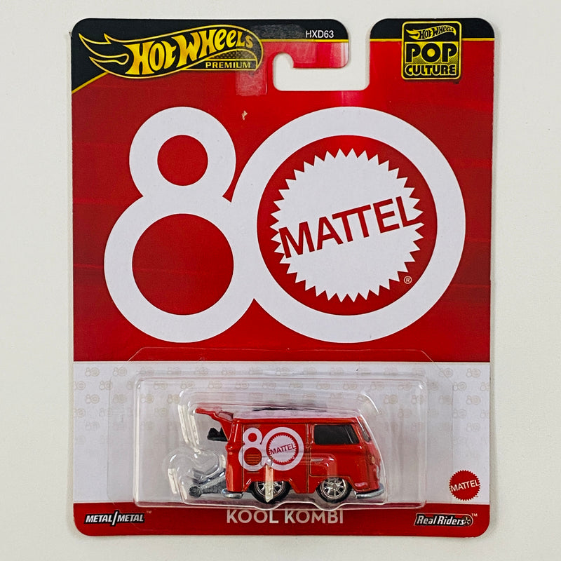 2025 Hot Wheels Premium Pop Culture Mattel 80th Anniversary Volkswagen Kool Kombi rojo con blanco Llantas de Goma RR base ZAMAC