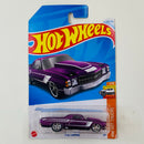 2024 Hot Wheels Super Treasure Hunt HW Hot Trucks 71 El Camino Chevrolet morado spectraflame Llantas de Goma RR - Detalle Marcas de Piocha