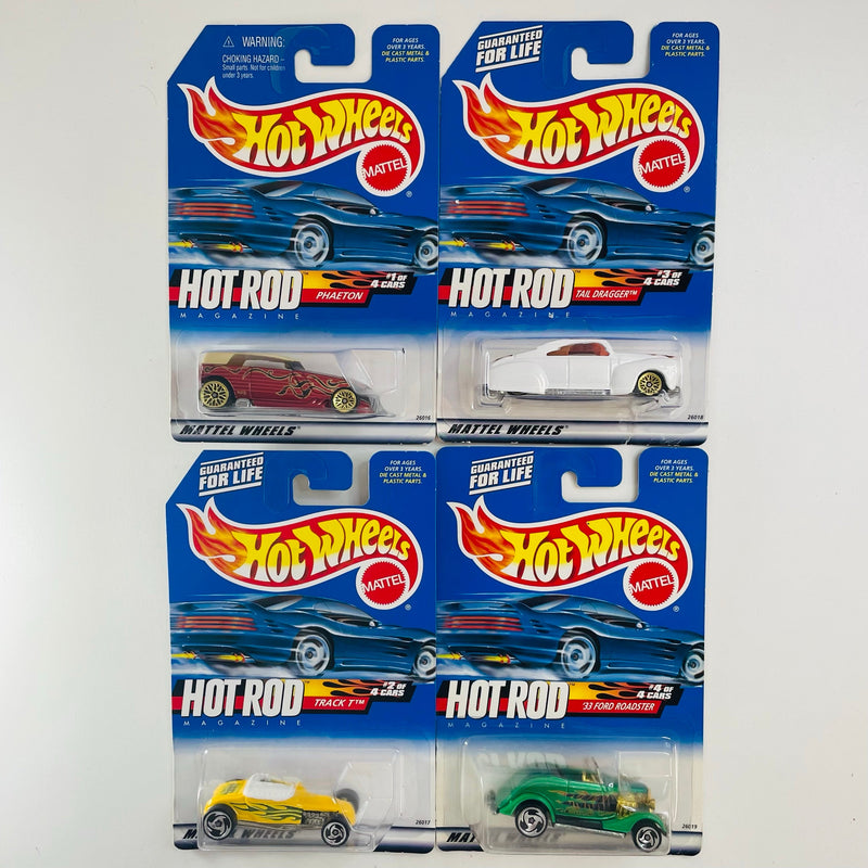 2000 Hot Wheels Hot Rod Magazine Series Colección Set de 4 - Phaeton, Track T, Tail Dragger 41 Ford Coupe, 33 Ford Roadster