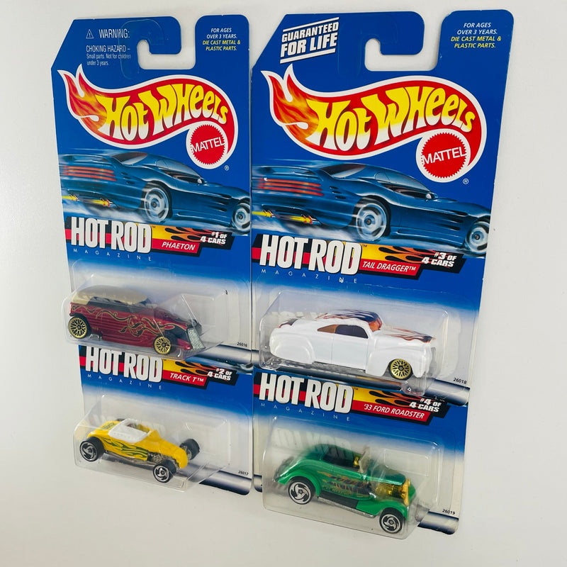 2000 Hot Wheels Hot Rod Magazine Series Colección Set de 4 - Phaeton, Track T, Tail Dragger 41 Ford Coupe, 33 Ford Roadster