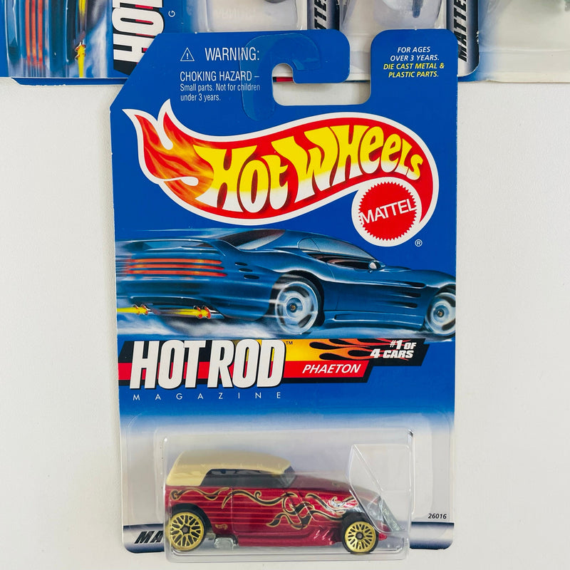 2000 Hot Wheels Hot Rod Magazine Series Colección Set de 4 - Phaeton, Track T, Tail Dragger 41 Ford Coupe, 33 Ford Roadster