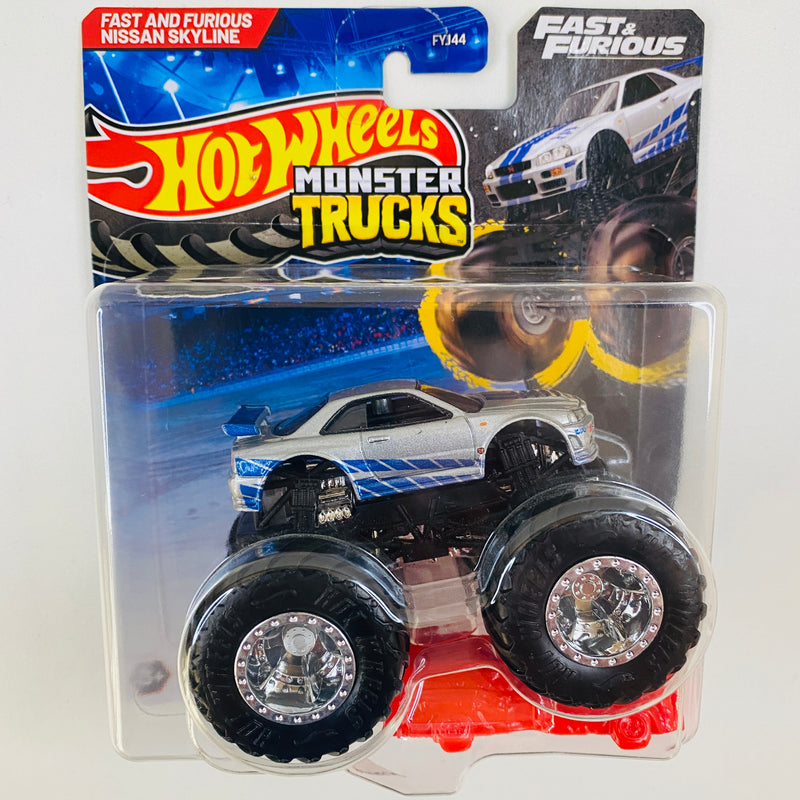 2025 Hot Wheels Monster Trucks Fast & Furious Rápidos y Furiosos Nissan Skyline GT-R R34 plata metálico MT con Auto Aplastable