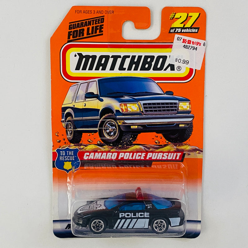 1998 Matchbox To The Rescue 1993 Chevrolet Z28 Camaro Police Pursuit 27 negro