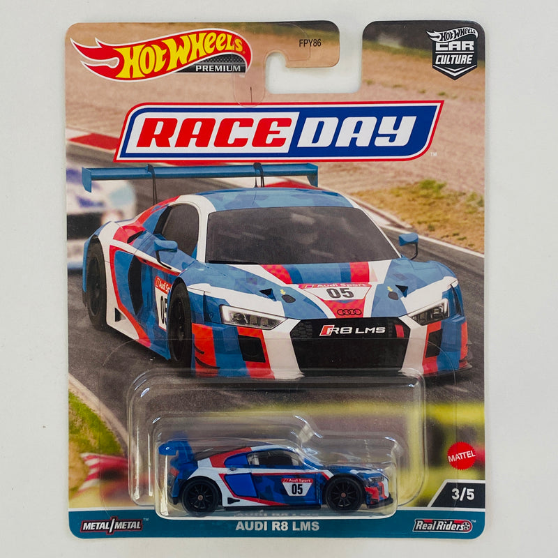 2023 Hot Wheels Premium Car Culture Race Day Audi R8 LMS blanco con azul Llantas de Goma RR