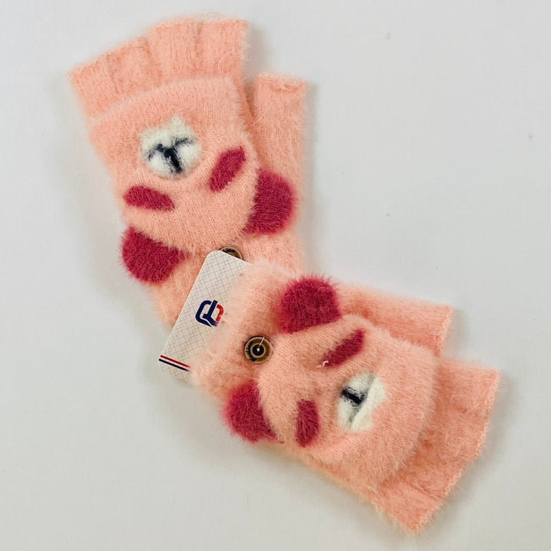 Guantes Mitones Kawaii Oso Rosa con Rojo Afelpado