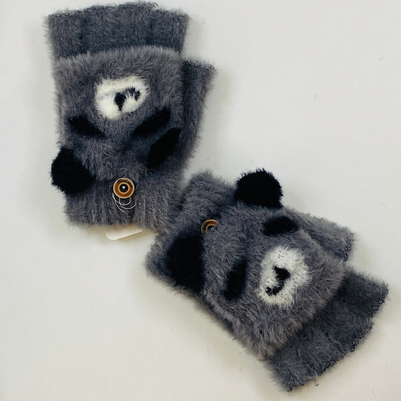 Guantes Mitones Kawaii Oso Gris con Negro Afelpado