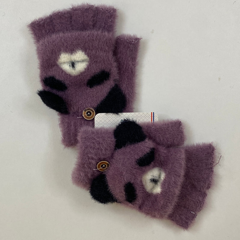 Guantes Mitones Kawaii Oso Morado con Negro Afelpado