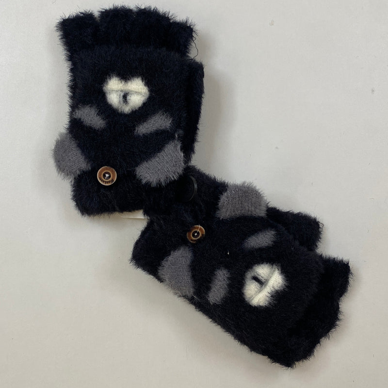 Guantes Mitones Kawaii Oso Negro con Gris Afelpado