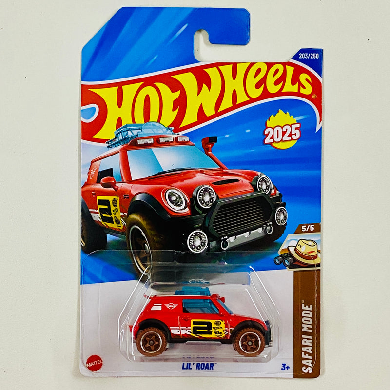 2025 Hot Wheels Safari Mode Lil Roar Mini Cooper rojo BAJA5 Primera Edición