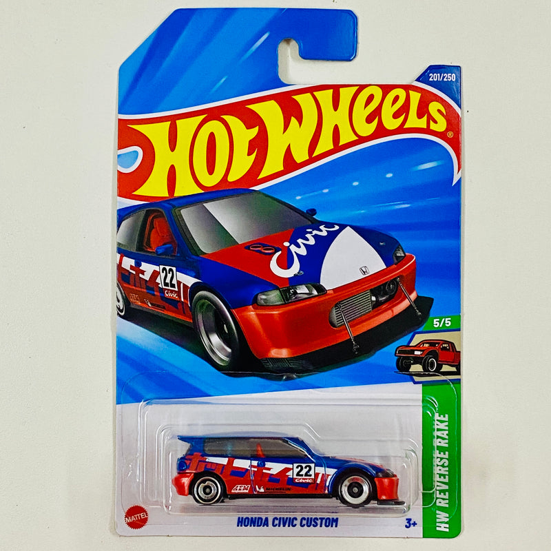 2025 Hot Wheels HW Reverse Rake Honda Civic Custom azul metálico AD con L4