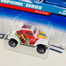 1998 Hot Wheels Tropicool Series Volkswagen Baja bug blanco 5SP base ZAMAC de Malasia variante llanta trasera pequeña