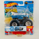 2021 Hot Wheels Monster Trucks Crash Legends Volkswagen VW Drag Bus blanco con celeste 5SP - Incluye Auto Aplastable