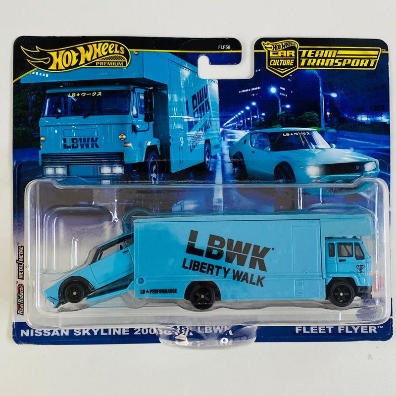 2024 Hot Wheels Premium Car Culture Team Transport Nissan Skyline 2000GT-R LBWK y camión Fleet Flyer con Llantas de Goma RR