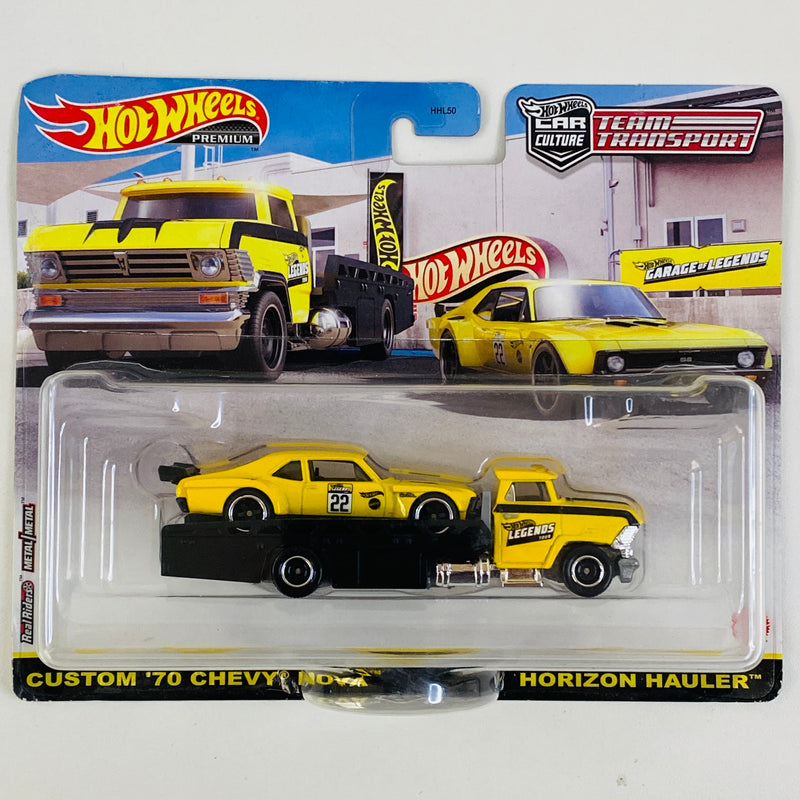 2022 Hot Wheels Premium Car Culture Team Transport Walmart Legends Tour Exclusive Custom 70 Chevy Nova y camión Horizon Hauler con Llantas de Goma RR